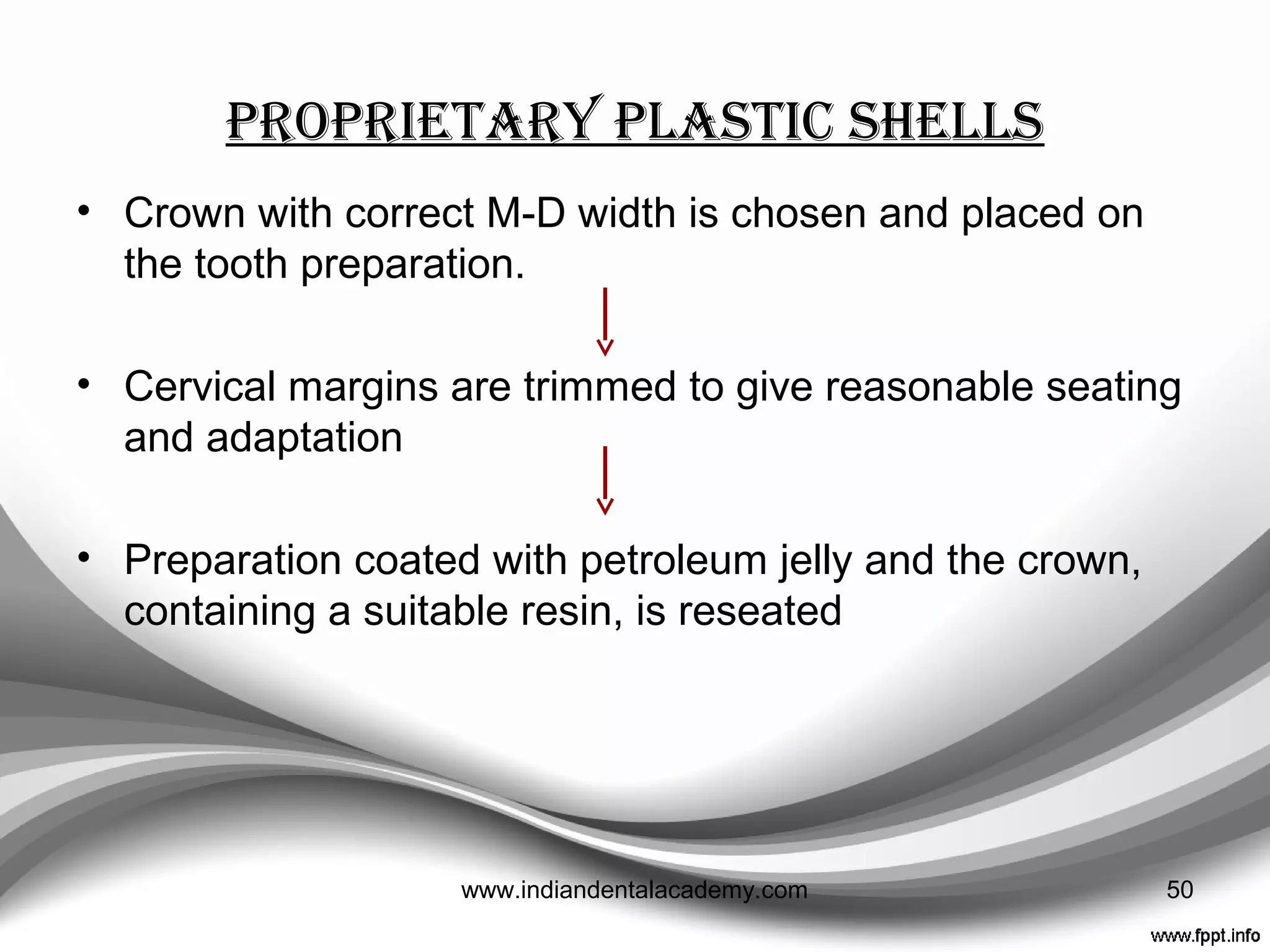 ProPrietary shells
Prefabricated Custom- made
Plastic Metal Beaded Mill crowns
acrylic
50www.indiandentalacademy.com
 