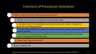 Functions of Provisional restoration
1. Protect Pulpal tissue and sedate prepared abutments
2. Provide an environment conductive to periodontal health
3. Provide method for immediately replacing missing teeth, prevent migration of
abutments and opposing teeth
4. Protects the pulp from thermal and chemical insults after crown preparation and
enamel removal.
5. It serves to maintain gingival health and contour while providing for an esthetic
and/or functional interim restoration .
6. Protect teeth from dental caries
7. Ensure marginal seal
Raghvan R, Shajahan PA, Kunjumon N. Provisionals in dentistry- from past to recent advances. IJDMSR. 2018;2(6):1-6.
11
 