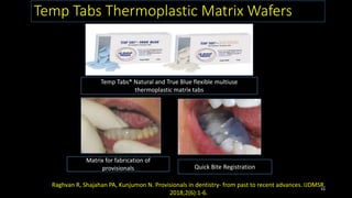 Temp Tabs Thermoplastic Matrix Wafers
Matrix for fabrication of
provisionals Quick Bite Registration
Temp Tabs® Natural and True Blue flexible multiuse
thermoplastic matrix tabs
33
Raghvan R, Shajahan PA, Kunjumon N. Provisionals in dentistry- from past to recent advances. IJDMSR.
2018;2(6):1-6.
 