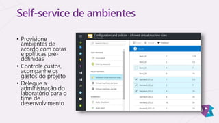 Self-service de ambientes
• Provisione
ambientes de
acordo com cotas
e políticas pré-
definidas
• Controle custos,
acompanhe os
gastos do projeto
• Delegue a
administração do
laboratório para o
time de
desenvolvimento
 