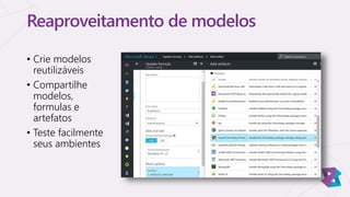 Reaproveitamento de modelos
• Crie modelos
reutilizáveis
• Compartilhe
modelos,
formulas e
artefatos
• Teste facilmente
seus ambientes
 