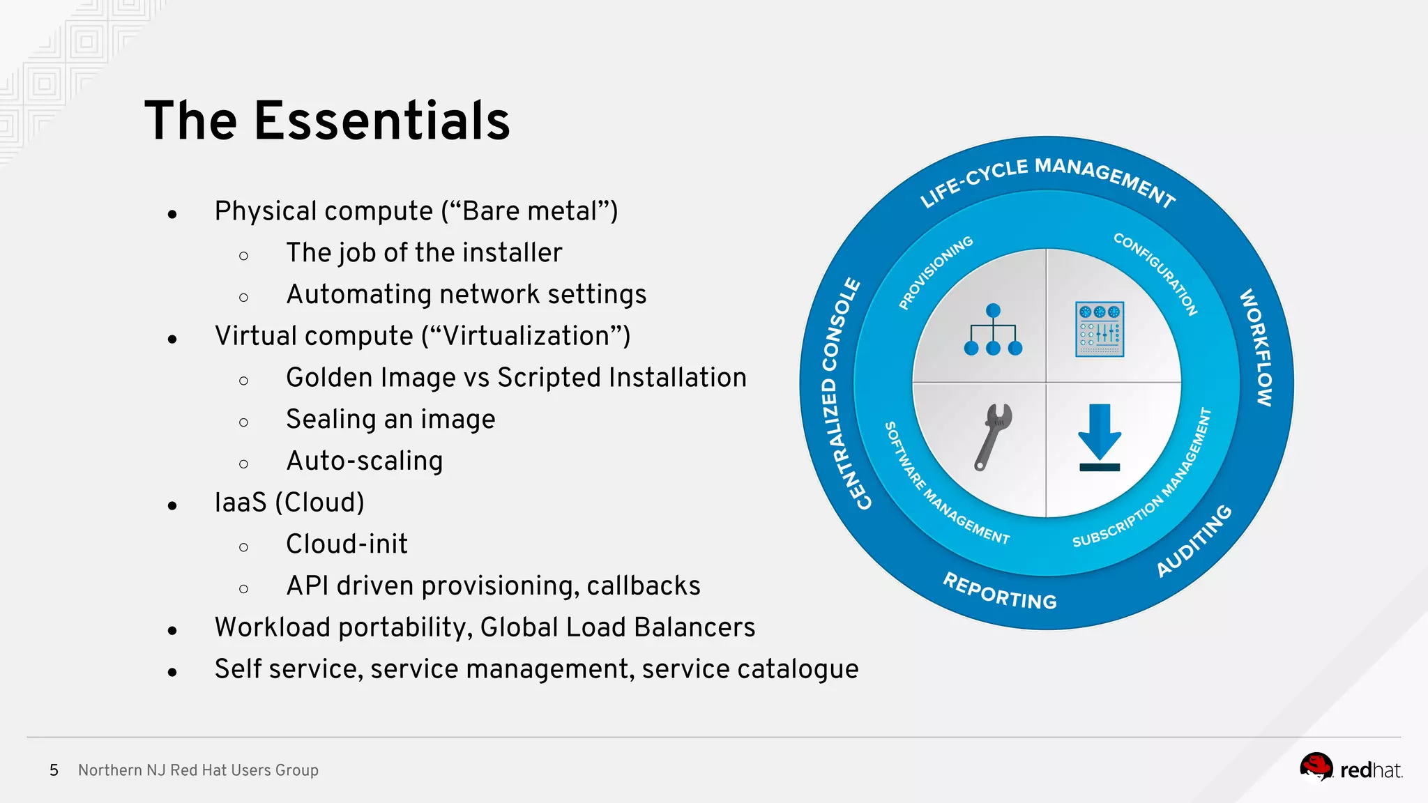 Northern NJ Red Hat Users Group5
● Physical compute (“Bare metal”)
○ The job of the installer
○ Automating network settings
● Virtual compute (“Virtualization”)
○ Golden Image vs Scripted Installation
○ Sealing an image
○ Auto-scaling
● IaaS (Cloud)
○ Cloud-init
○ API driven provisioning, callbacks
● Workload portability, Global Load Balancers
● Self service, service management, service catalogue
The Essentials
 