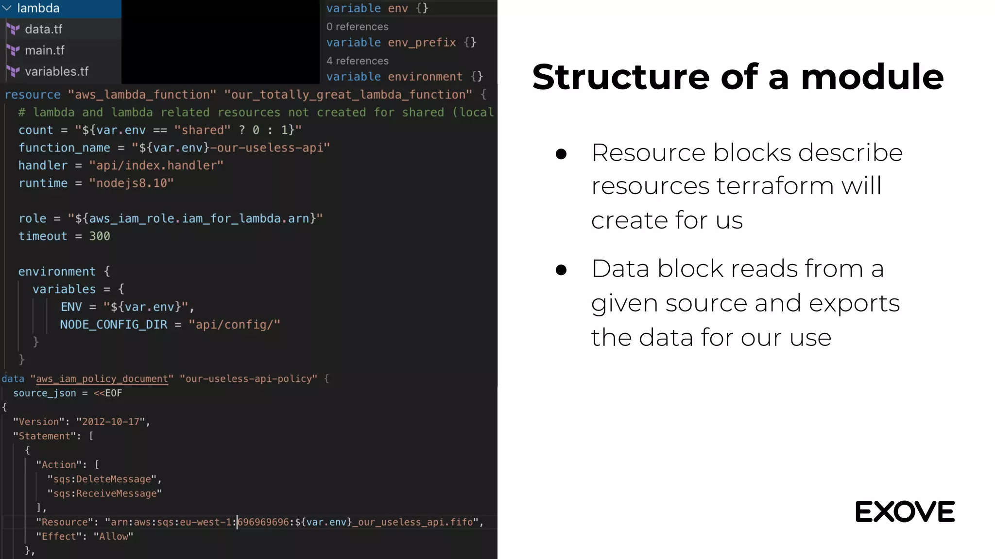 ● Resource blocks describe
resources terraform will
create for us
● Data block reads from a
given source and exports
the data for our use
Structure of a module
 