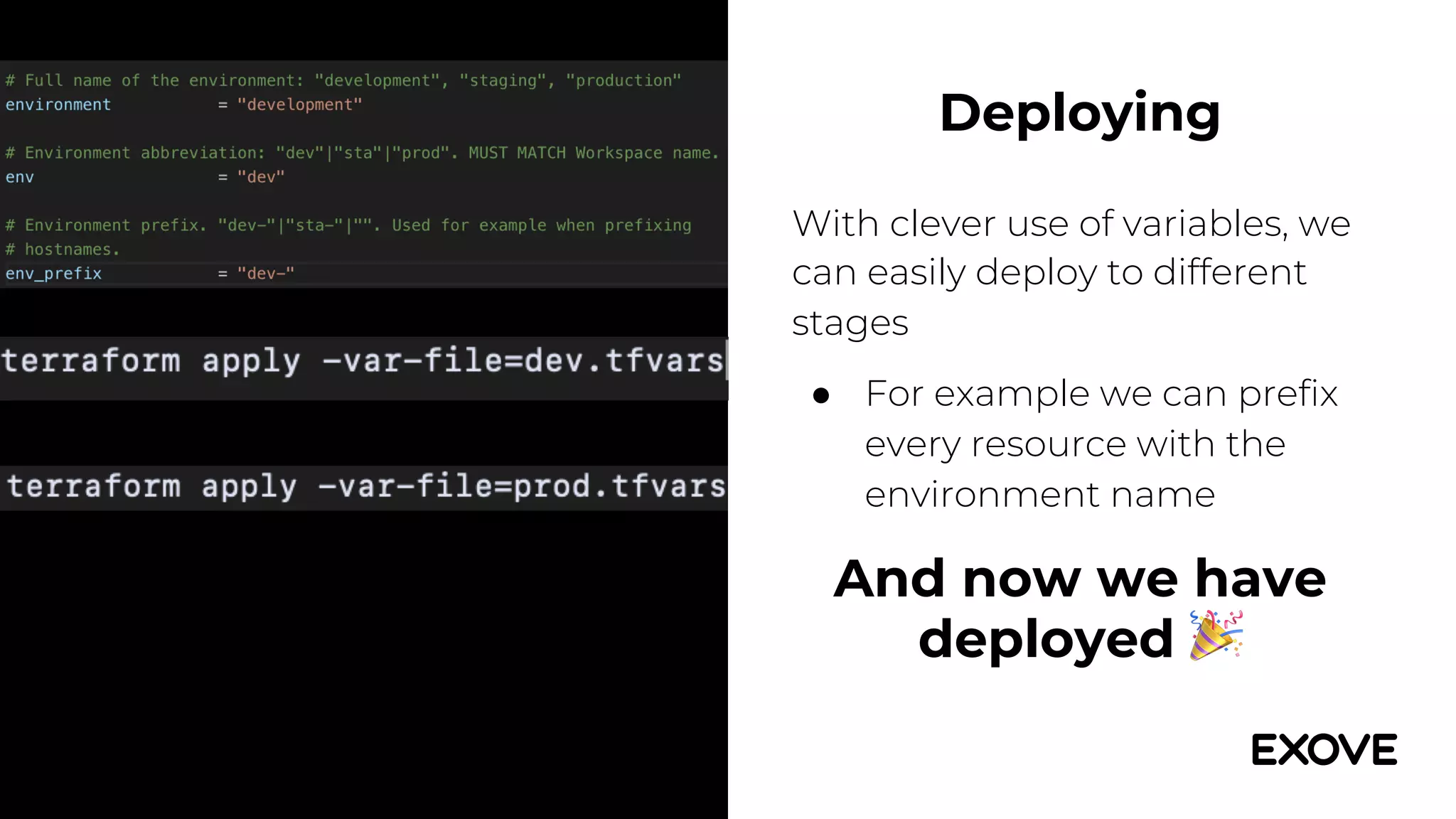 With clever use of variables, we
can easily deploy to different
stages
● For example we can prefix
every resource with the
environment name
Deploying
And now we have
deployed !
 