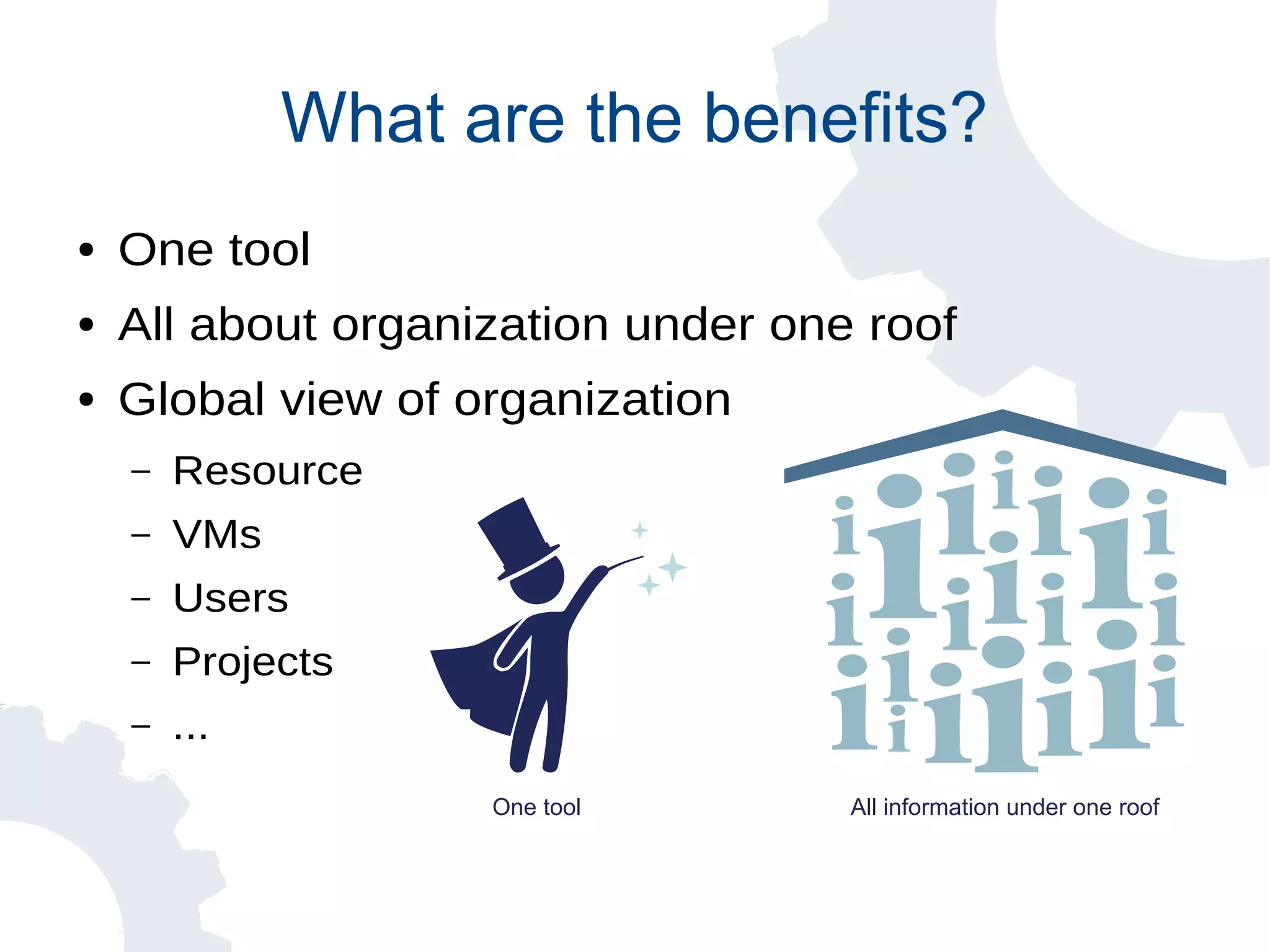 What are the benefits?
● One tool
● All about organization under one roof
● Global view of organization
– Resource
– VMs
– Users
– Projects
– ...
One tool All information under one roof
 
