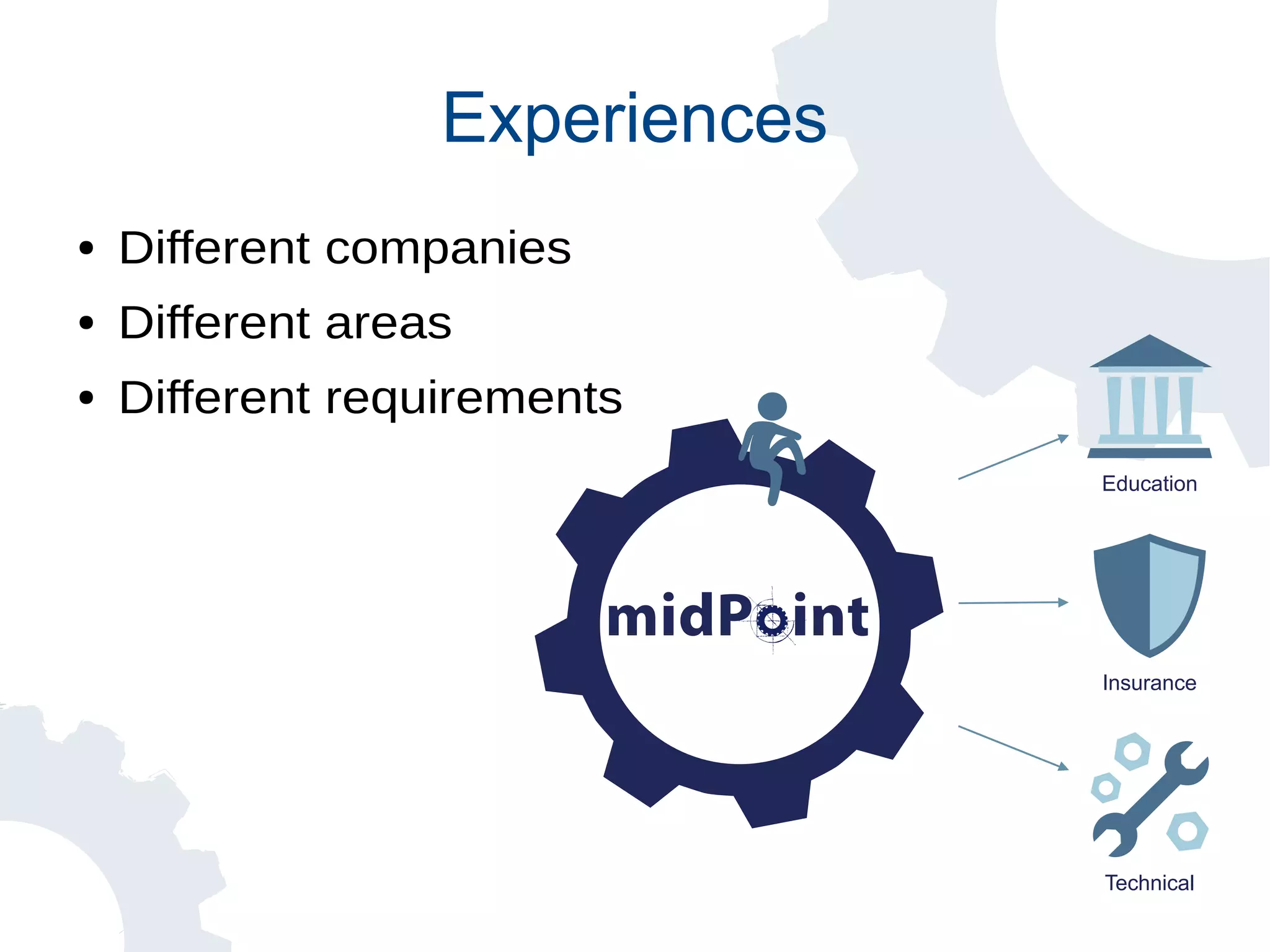 Education
Insurance
Technical
Experiences
● Different companies
● Different areas
● Different requirements
 