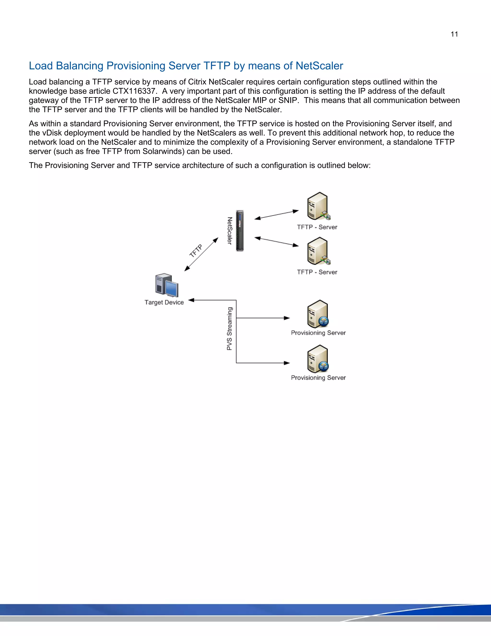 11
Load Balancing Provisioning Server TFTP by means of NetScaler
Load balancing a TFTP service by means of Citrix NetScaler requires certain configuration steps outlined within the
knowledge base article CTX116337. A very important part of this configuration is setting the IP address of the default
gateway of the TFTP server to the IP address of the NetScaler MIP or SNIP. This means that all communication between
the TFTP server and the TFTP clients will be handled by the NetScaler.
As within a standard Provisioning Server environment, the TFTP service is hosted on the Provisioning Server itself, and
the vDisk deployment would be handled by the NetScalers as well. To prevent this additional network hop, to reduce the
network load on the NetScaler and to minimize the complexity of a Provisioning Server environment, a standalone TFTP
server (such as free TFTP from Solarwinds) can be used.
The Provisioning Server and TFTP service architecture of such a configuration is outlined below:
 