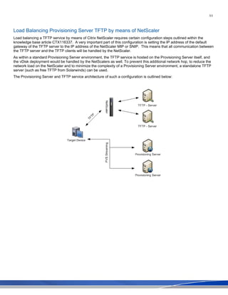 11
Load Balancing Provisioning Server TFTP by means of NetScaler
Load balancing a TFTP service by means of Citrix NetScaler requires certain configuration steps outlined within the
knowledge base article CTX116337. A very important part of this configuration is setting the IP address of the default
gateway of the TFTP server to the IP address of the NetScaler MIP or SNIP. This means that all communication between
the TFTP server and the TFTP clients will be handled by the NetScaler.
As within a standard Provisioning Server environment, the TFTP service is hosted on the Provisioning Server itself, and
the vDisk deployment would be handled by the NetScalers as well. To prevent this additional network hop, to reduce the
network load on the NetScaler and to minimize the complexity of a Provisioning Server environment, a standalone TFTP
server (such as free TFTP from Solarwinds) can be used.
The Provisioning Server and TFTP service architecture of such a configuration is outlined below:
 