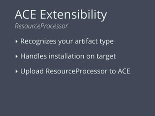 ACE Extensibility
ResourceProcessor
‣ Recognizes your artifact type
‣ Handles installation on target
‣ Upload ResourceProcessor to ACE
 