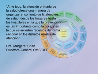 17
“Ante todo, la atención primaria de
la salud ofrece una manera de
organizar el conjunto de la atención
de salud, desde los hogares hasta
los hospitales en la que la prevención
es tan importante como la cura, y en
la que se invierten recursos de forma
racional en los distintos niveles de
atención”
Dra. Margaret Chan
Directora-General OMS/OPS
 