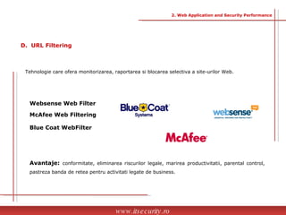 Tehnologie care ofera monitorizarea, raportarea si blocarea selectiva a site-urilor Web. Avantaje:   conformitate, eliminarea riscurilor legale, marirea productivitatii, parental control,  pastreza banda de retea pentru activitati legate de business. Websense Web Filter   McAfee Web Filtering Blue Coat WebFilter www.itsecurity.ro D.  URL Filtering 2. Web Application and Security Performance 