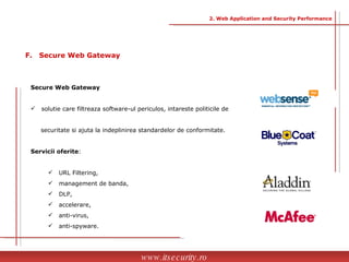 Secure Web Gateway solutie care filtreaza software-ul periculos, intareste politicile de  securitate si ajuta la indeplinirea standardelor de conformitate. Servicii oferite :  URL Filtering, management de banda,  DLP,  accelerare,  anti-virus,  anti-spyware. www.itsecurity.ro F.  Secure Web Gateway  2. Web Application and Security Performance 