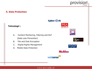 Content Monitoring, Filtering and DLP (Data Loss Prevention)  File and Disk Encryption  Digital Rights Management Mobile Data Protection www.itsecurity.ro 5. Data Protection Tehnologii : 