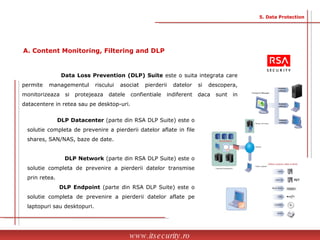 Data Loss Prevention (DLP) Suite  este o suita integrata care permite managementul riscului asociat pierderii datelor si descopera, monitorizeaza si protejeaza datele confientiale indiferent daca sunt in datacentere in retea sau pe desktop-uri.  DLP Datacenter  (parte din RSA DLP Suite) este o solutie completa de prevenire a pierderii datelor aflate in file shares, SAN/NAS, baze de date.  DLP Network  (parte din RSA DLP Suite) este o solutie completa de prevenire a pierderii datelor transmise prin retea. DLP Endpoint  (parte din RSA DLP Suite) este o solutie completa de prevenire a pierderii datelor aflate pe laptopuri sau desktopuri.  www.itsecurity.ro 5. Data Protection A. Content Monitoring, Filtering and DLP 