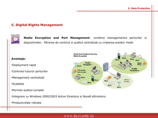 Avantaje: Deployment rapid Controlul tuturor porturilor Management centralizat Scalabile  Permite auditul complet Integrare cu Windows 2000/2003 Active Directory si Novell eDirectory Productivitate ridicata Media Encryption and Port Management – combina managementul porturilor si dispozitivelor,  filtrarea de continut si auditul centralizat cu criptarea acestor medii. www.itsecurity.ro 5. Data Protection C. Digital Rights Management 