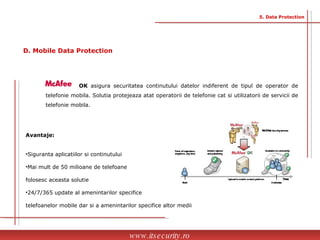 OK  asigura securitatea continutului datelor indiferent de tipul de operator de telefonie mobila. Solutia protejeaza atat operatorii de telefonie cat si utilizatorii de servicii de telefonie mobila. Avantaje: Siguranta aplicatiilor si continutului Mai mult de 50 milioane de telefoane  folosesc aceasta solutie 24/7/365 update al amenintarilor specifice  telefoanelor mobile dar si a amenintarilor specifice altor medii www.itsecurity.ro 5. Data Protection D. Mobile Data Protection 