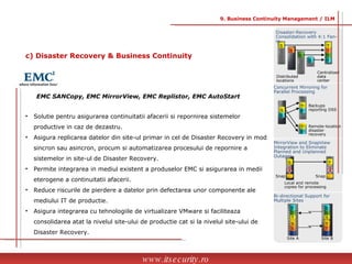 Solutie pentru asigurarea continuitatii afacerii si repornirea sistemelor  productive in caz de dezastru. Asigura replicarea datelor din site-ul primar in cel de Disaster Recovery in mod  sincron sau asincron, procum si automatizarea procesului de repornire a  sistemelor in site-ul de Disaster Recovery. Permite integrarea in mediul existent a produselor EMC si asigurarea in medii  eterogene a continuitatii afacerii. Reduce riscurile de pierdere a datelor prin defectarea unor componente ale  mediului IT de productie. Asigura integrarea cu tehnologiile de virtualizare VMware si faciliteaza  consolidarea atat la nivelul site-ului de productie cat si la nivelul site-ului de  Disaster Recovery. EMC SANCopy, EMC MirrorView, EMC Replistor, EMC AutoStart www.itsecurity.ro 9. Business Continuity Management / ILM c) Disaster Recovery & Business Continuity Concurrent Mirroring for  Parallel Processing MirrorView and SnapView Integration to Eliminate Planned and Unplanned Outages Bi-directional Support for Multiple Sites Site A Site B Backups reporting DSS Remote-location disaster recovery Local and remote copies for processing Centralized  data center Distributed locations S S S S T T T T Disaster-Recovery Consolidation with 4:1 Fan-in S S T 1 T 1 T 2 T 2 S T Snap Snap T T T T T T S S S S S S 