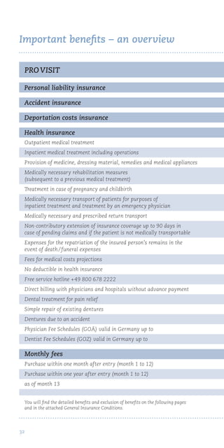 32
PRO VISIT
Outpatient medical treatment
Inpatient medical treatment including operations
Provision of medicine, dressing material, remedies and medical appliances
Medically necessary rehabilitation measures
(subsequent to a previous medical treatment)
Treatment in case of pregnancy and childbirth
Medically necessary transport of patients for purposes of
inpatient treatment and treatment by an emergency physician
Medically necessary and prescribed return transport
Non-contributory extension of insurance coverage up to 90 days in
case of pending claims and if the patient is not medically transportable
Expenses for the repatriation of the insured person’s remains in the
event of death / funeral expenses
Fees for medical costs projections
No deductible in health insurance
Free service hotline +49 800 678 2222
Direct billing with physicians and hospitals without advance payment
Dental treatment for pain relief
Simple repair of existing dentures
Dentures due to an accident
Physician Fee Schedules (GOÄ) valid in Germany up to
Dentist Fee Schedules (GOZ) valid in Germany up to
Monthly fees
Purchase within one month after entry (month 1 to 12)
Purchase within one year after entry (month 1 to 12)
as of month 13
You will find the detailed benefits and exclusion of benefits on the following pages
and in the attached General Insurance Conditions.
Personal liability insurance
Accident insurance
Deportation costs insurance
Health insurance
Important benefits – an overview
 