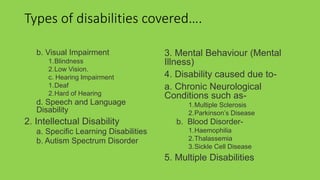 Types of disabilities covered….
b. Visual Impairment
1.Blindness
2.Low Vision.
c. Hearing Impairment
1.Deaf
2.Hard of Hearing
d. Speech and Language
Disability
2. Intellectual Disability
a. Specific Learning Disabilities
b. Autism Spectrum Disorder
3. Mental Behaviour (Mental
Illness)
4. Disability caused due to-
a. Chronic Neurological
Conditions such as-
1.Multiple Sclerosis
2.Parkinson’s Disease
b. Blood Disorder-
1.Haemophilia
2.Thalassemia
3.Sickle Cell Disease
5. Multiple Disabilities
 