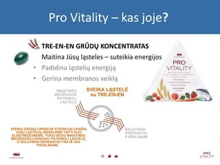 Pro Vitality –  kas joje ?  TRE-EN-EN  GRŪDŲ KONCENTRATAS Maitina Jūsų ląsteles – suteikia energijos   Padidina ląstelių energiją Gerina membranos veiklą SVEIKŲ GRŪDŲ LIPIDAI IR STEROLIAI LEIDŽIA JŪSŲ LĄSTELIŲ SIENELĖMS TAPTI KUO ELASTINGESNĖMS. TOKIU BŪDU MAISTINĖS MEDŽIAGOS LENGVIAU PATENKA Į LĄSTELĘ, O ŠALUTINIAI PRODUKTAI YRA IŠ JOS PAŠALINAMI. .  SVEIKA LĄSTELĖ su  TRE-EN-EN MAISTINĖS MEDŽIAGOS PATENKA Į LĄSTELĘ ŠALUTINIAI PRODUKTAI PAŠALINAMI 