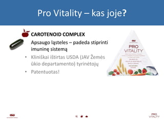 Pro Vitality –  kas joje ? CAROTENOID COMPLEX Apsaugo ląsteles  –  padeda stiprinti imuninę sistemą Kliniškai ištirtas  USDA  (JAV Žemės  ūkio departamento)   tyrinėtojų Patentuotas ! 