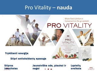 Pro Vitality –  nauda Trykštanti energija Stipri antioksidantų apsauga Stiprus imunitetas Jaunatviška oda, plaukai ir nagai Ląstelių sveikata 