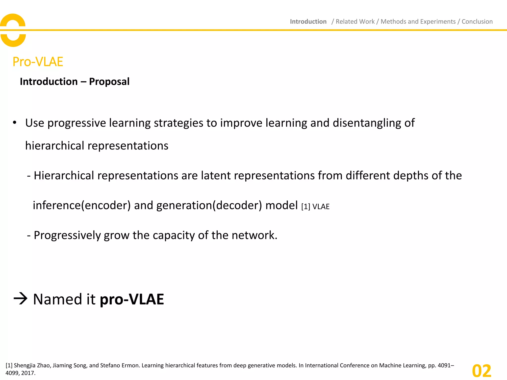 Pro-VLAE
Introduction – Proposal
• Use progressive learning strategies to improve learning and disentangling of
hierarchical representations
- Hierarchical representations are latent representations from different depths of the
inference(encoder) and generation(decoder) model [1] VLAE
- Progressively grow the capacity of the network.
→ Named it pro-VLAE
Introduction / Related Work / Methods and Experiments / Conclusion
02[1] Shengjia Zhao, Jiaming Song, and Stefano Ermon. Learning hierarchical features from deep generative models. In International Conference on Machine Learning, pp. 4091–
4099, 2017.
 