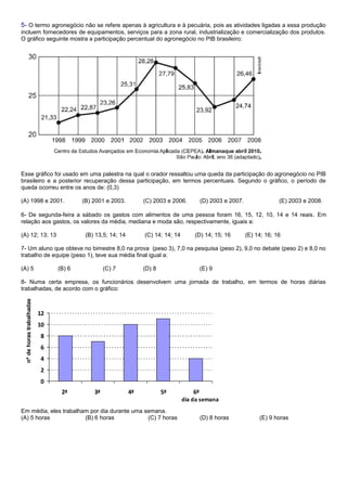 5- O termo agronegócio não se refere apenas à agricultura e à pecuária, pois as atividades ligadas a essa produção
incluem fornecedores de equipamentos, serviços para a zona rural, industrialização e comercialização dos produtos.
O gráfico seguinte mostra a participação percentual do agronegócio no PIB brasileiro:
Esse gráfico foi usado em uma palestra na qual o orador ressaltou uma queda da participação do agronegócio no PIB
brasileiro e a posterior recuperação dessa participação, em termos percentuais. Segundo o gráfico, o período de
queda ocorreu entre os anos de: (0,3)
(A) 1998 e 2001. (B) 2001 e 2003. (C) 2003 e 2006. (D) 2003 e 2007. (E) 2003 e 2008.
6- De segunda-feira a sábado os gastos com alimentos de uma pessoa foram 16, 15, 12, 10, 14 e 14 reais. Em
relação aos gastos, os valores da média, mediana e moda são, respectivamente, iguais a:
(A) 12; 13; 13 (B) 13,5; 14; 14 (C) 14; 14; 14 (D) 14; 15; 16 (E) 14; 16; 16
7- Um aluno que obteve no bimestre 8,0 na prova (peso 3), 7,0 na pesquisa (peso 2), 9,0 no debate (peso 2) e 8,0 no
trabalho de equipe (peso 1), teve sua média final igual a:
(A) 5 (B) 6 (C) 7 (D) 8 (E) 9
8- Numa certa empresa, os funcionários desenvolvem uma jornada de trabalho, em termos de horas diárias
trabalhadas, de acordo com o gráfico:
0
2
4
6
8
10
12
2ª 3ª 4ª 5ª 6ª
dia da semana
nºdehorastrabalhadas
Em média, eles trabalham por dia durante uma semana.
(A) 5 horas (B) 6 horas (C) 7 horas (D) 8 horas (E) 9 horas
 
