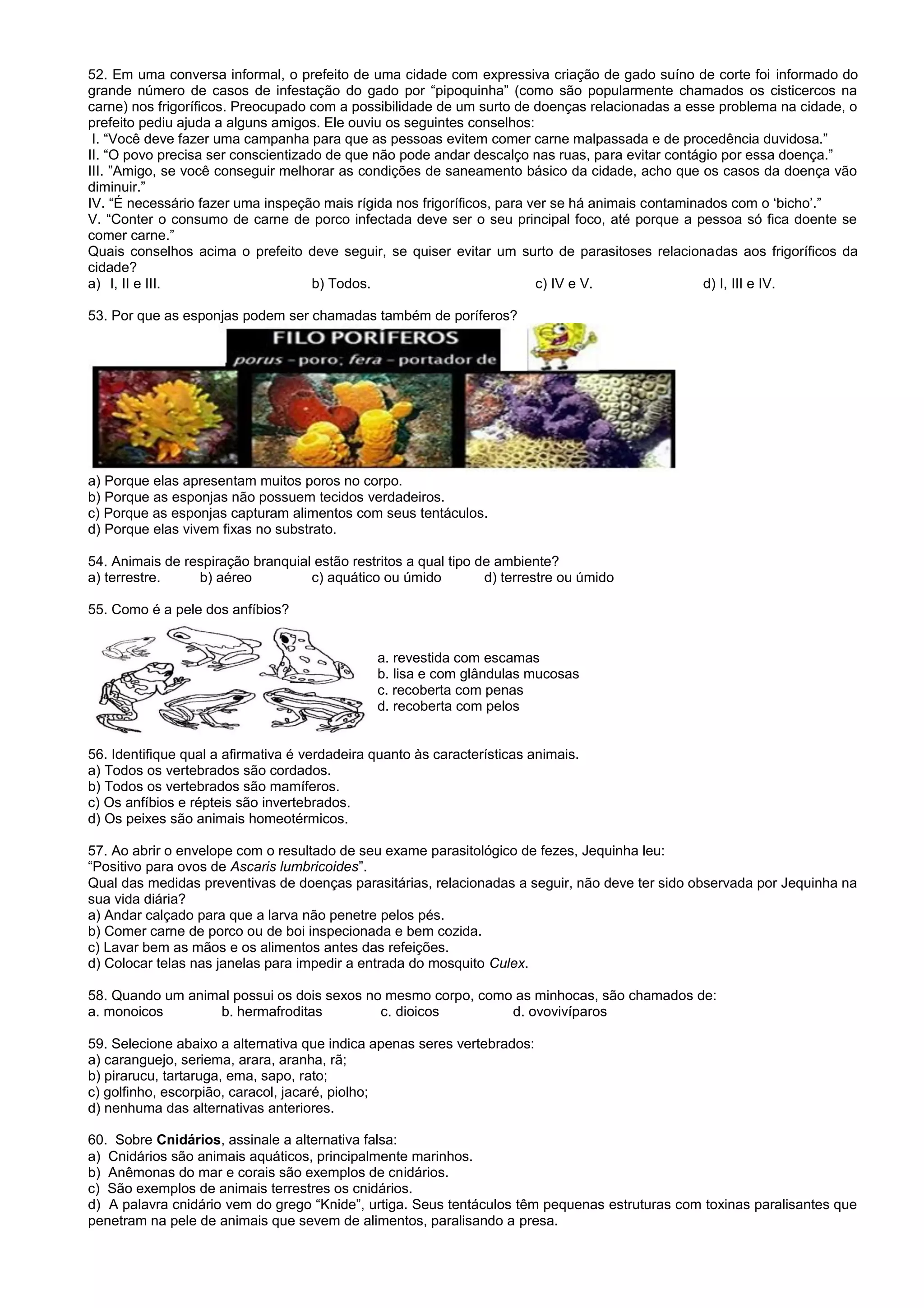 52. Em uma conversa informal, o prefeito de uma cidade com expressiva criação de gado suíno de corte foi informado do
grande número de casos de infestação do gado por “pipoquinha” (como são popularmente chamados os cisticercos na
carne) nos frigoríficos. Preocupado com a possibilidade de um surto de doenças relacionadas a esse problema na cidade, o
prefeito pediu ajuda a alguns amigos. Ele ouviu os seguintes conselhos:
I. “Você deve fazer uma campanha para que as pessoas evitem comer carne malpassada e de procedência duvidosa.”
II. “O povo precisa ser conscientizado de que não pode andar descalço nas ruas, para evitar contágio por essa doença.”
III. ”Amigo, se você conseguir melhorar as condições de saneamento básico da cidade, acho que os casos da doença vão
diminuir.”
IV. “É necessário fazer uma inspeção mais rígida nos frigoríficos, para ver se há animais contaminados com o ‘bicho’.”
V. “Conter o consumo de carne de porco infectada deve ser o seu principal foco, até porque a pessoa só fica doente se
comer carne.”
Quais conselhos acima o prefeito deve seguir, se quiser evitar um surto de parasitoses relacionadas aos frigoríficos da
cidade?
a) I, II e III. b) Todos. c) IV e V. d) I, III e IV.
53. Por que as esponjas podem ser chamadas também de poríferos?
a) Porque elas apresentam muitos poros no corpo.
b) Porque as esponjas não possuem tecidos verdadeiros.
c) Porque as esponjas capturam alimentos com seus tentáculos.
d) Porque elas vivem fixas no substrato.
54. Animais de respiração branquial estão restritos a qual tipo de ambiente?
a) terrestre. b) aéreo c) aquático ou úmido d) terrestre ou úmido
55. Como é a pele dos anfíbios?
a. revestida com escamas
b. lisa e com glândulas mucosas
c. recoberta com penas
d. recoberta com pelos
56. Identifique qual a afirmativa é verdadeira quanto às características animais.
a) Todos os vertebrados são cordados.
b) Todos os vertebrados são mamíferos.
c) Os anfíbios e répteis são invertebrados.
d) Os peixes são animais homeotérmicos.
57. Ao abrir o envelope com o resultado de seu exame parasitológico de fezes, Jequinha leu:
“Positivo para ovos de Ascaris lumbricoides”.
Qual das medidas preventivas de doenças parasitárias, relacionadas a seguir, não deve ter sido observada por Jequinha na
sua vida diária?
a) Andar calçado para que a larva não penetre pelos pés.
b) Comer carne de porco ou de boi inspecionada e bem cozida.
c) Lavar bem as mãos e os alimentos antes das refeições.
d) Colocar telas nas janelas para impedir a entrada do mosquito Culex.
58. Quando um animal possui os dois sexos no mesmo corpo, como as minhocas, são chamados de:
a. monoicos b. hermafroditas c. dioicos d. ovovivíparos
59. Selecione abaixo a alternativa que indica apenas seres vertebrados:
a) caranguejo, seriema, arara, aranha, rã;
b) pirarucu, tartaruga, ema, sapo, rato;
c) golfinho, escorpião, caracol, jacaré, piolho;
d) nenhuma das alternativas anteriores.
60. Sobre Cnidários, assinale a alternativa falsa:
a) Cnidários são animais aquáticos, principalmente marinhos.
b) Anêmonas do mar e corais são exemplos de cnidários.
c) São exemplos de animais terrestres os cnidários.
d) A palavra cnidário vem do grego “Knide”, urtiga. Seus tentáculos têm pequenas estruturas com toxinas paralisantes que
penetram na pele de animais que sevem de alimentos, paralisando a presa.
 