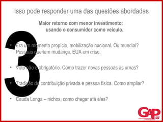 Isso pode responder uma das questões abordadas Maior retorno com menor investimento:  usando o consumidor como veículo. Era um momento propício, mobilização nacional. Ou mundial? Pessoas queriam mudança. EUA em crise. Voto não é obrigatório. Como trazer novas pessoas às urnas? Tradição de contribuição privada e pessoa física. Como ampliar? Cauda Longa – nichos, como chegar até eles? 3 