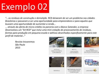 Exemplo 02“... os resíduos de construção e demolição  RCD deixaram de ser um problema nas cidades Brasileiras e passaram a ser uma oportunidade para empreendores e para aqueles que buscam uma oportunidade de aumentar a renda...... através da oferta de micro-crédito na parceria com o Banco Satander, a empresa Desenvolveu um “kit RCD” que inclui uma mini-estação de processamento de resíduos, formas para produção em pequena escala e aditivos desenhados especificamente para este perfil de material...”	Revista InovaremosSão Paulo	2015ThePiraquara Times