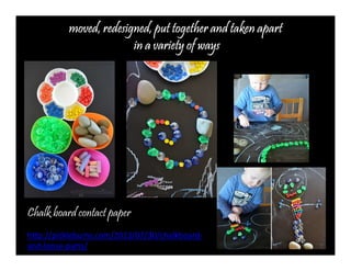 moved, redesigned, put mmmooovvveeeddd,,, rrreeedddeeesssiiigggnnneeeddd,,, pppuuuttt ttttooooggggeeeetttthhhheeeerrrr aaaannnndddd ttttaaaakkkkeeeennnn aaaappppaaaarrrrtttt 
iiiinnnn aaaa vvvvaaaarrrriiiieeeettttyyyy ooooffff wwwwaaaayyyyssss 
Chalk board contact paper 
http://picklebums.com/2013/07/30/chalkboard-and- 
loose-parts/ 
 