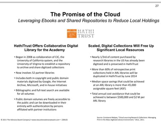 27
The Promise of the Cloud
Leveraging Ebooks and Shared Repositories to Reduce Local Holdings
HathiTrust Offers Collaborative Digital
Library for the Academy
• Began in 2008 as collaboration of CIC, the
University of California system, and the
University of Virginia to establish a repository
to archive and share digitized collections
• Now involves 52 partner libraries
• Includes both in-copyright and public domain
materials digitized by Google, the Internet
Archive, Microsoft, and in-house initiatives
• Bibliographic and full-text search are available
for all volumes
• Public domain volumes are freely accessible to
the public and can be downloaded in their
entirety with authentication by persons
affiliated with partner institutions
Scaled, Digital Collections Will Free Up
Significant Local Resources
• Nearly 1/3rd of content purchased by
research libraries in the US has already been
digitized and is preserved in HathiTrust
• More than 60% of retrospective print
collections held in ARL libraries will be
duplicated in HathiTrust by June 2014
• Median space savings that could be achieved
at an ARL library is more than 45,000
assignable square feet (ASF).
• Total annual cost avoidance that could be
achieved is between $500,000 and $2 M per
ARL library
Source: Constance Malpas, “Cloud-sourcing Research Collections: Managing
© 2011 The Advisory Board Company • www.educationadvisoryboard.com • 22852D Print in the Mass-digitized Library Environment,” OCLC, 2011.
 