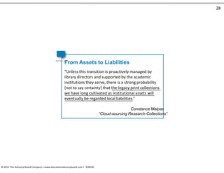 28
From Assets to Liabilities
“Unless this transition is proactively managed by
library directors and supported by the academic
institutions they serve, there is a strong probability
(not to say certainty) that the legacy print collections
we have long cultivated as institutional assets will
eventually be regarded local liabilities.”
Constance Malpas
“Cloud-sourcing Research Collections”
© 2011 The Advisory Board Company • www.educationadvisoryboard.com • 22852D
 