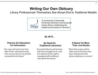 7
Writing Our Own Obituary
Library Professionals Themselves See Abrupt End to Traditional Models
“A community of Associate
University Librarians and Associate
Library Deans challenging the
traditional boundaries in libraries”
By 2015...
Patrons Go Elsewhere
for Information
“Our users will meet more than
90% of their information needs
from sources that are not directly
connected to the library.”
No Need for
Traditional Librarians
“Successful libraries will be those
that have managed to turn over
the majority of their staff or
reassigned staff to different
roles within the library.”
A Space for More
Than Just Books
“Most library space will be
taken over by functions that
have nothing to do with
library collections or services.”
© 2011 The Advisory Board Company • www.educationadvisoryboard.com • 22852D Source: Taiga Forum 2010-2011 Draft Provocative Statements.
 