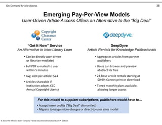 On-Demand Article Access 38
Emerging Pay-Per-View Models
User-Driven Article Access Offers an Alternative to the “Big Deal”
“Get It Now” Service
An Alternative to Inter-Library Loan
• Can be directly user-driven
or librarian-mediated
• Full PDF e-mailed to user
within 5 minutes
• Avg. cost per article: $24
• Articles shareable if
institution adopts CCC
Annual Copyright License
DeepDyve
Article Rentals for Knowledge Professionals
• Aggregates articles from partner
publishers
• Users can browse and preview
abstract for free
• 24-hour article rentals starting at
$0.99; Cannot print or download
• Tiered monthly plans available,
allowing longer access
For this model to supplant subcriptions, publishers would have to…
• Accept lower profits (“Big Deal” dismantled)
• Migrate to usage micro-charges or direct-to-user sales model
© 2011 The Advisory Board Company • www.educationadvisoryboard.com • 22852D
 