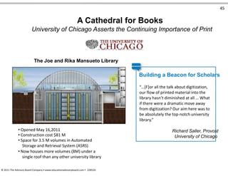 45
A Cathedral for Books
University of Chicago Asserts the Continuing Importance of Print
The Joe and Rika Mansueto Library
Building a Beacon for Scholars
“…*F+or all the talk about digitization,
our flow of printed material into the
library hasn’t diminished at all … What
if there were a dramatic move away
from digitization? Our aim here was to
be absolutely the top-notch university
library.”
• Opened May 16,2011
• Construction cost $81 M
• Space for 3.5 M volumes in Automated
Storage and Retrieval System (ASRS)
• Now houses more volumes (8M) under a
single roof than any other university library
Richard Saller, Provost
University of Chicago
© 2011 The Advisory Board Company • www.educationadvisoryboard.com • 22852D
 