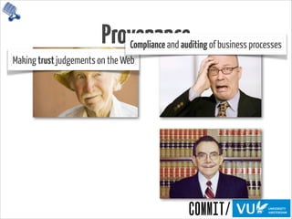 Provenance
Making trust judgements on the Web
Compliance and auditing of business processes
 