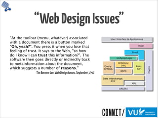 “WebDesignIssues”
“At the toolbar (menu, whatever) associated
with a document there is a button marked
“Oh, yeah?”. You press it when you lose that
feeling of trust. It says to the Web, “so how
do I know I can trust this information?”. The
software then goes directly or indirectly back
to metainformation about the document,
which suggests a number of reasons.”
Tim Berners-Lee, Web Design Issues, September 1997
 