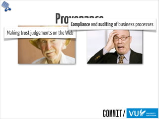 Provenance
Making trust judgements on the Web
Compliance and auditing of business processes
 
