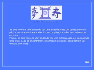 PROVÉRBIO CHINÊS


Se dois homens vêm andando por uma estrada, cada um carregando um
pão, e, ao se encontrarem, eles trocam os pães, cada homem vai embora
com um.
Porém, se dois homens vêm andando por uma estrada cada um carregando
uma idéia, e, ao se encontrarem, eles trocam as idéias, cada homem vai
embora com duas.




                                                                  53
 