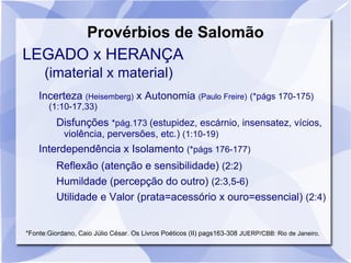 Provérbios de Salomão
LEGADO x HERANÇA
      (imaterial x material)
    Incerteza (Heisemberg) x Autonomia (Paulo Freire) (*págs 170-175)
       (1:10-17,33)
          Disfunções *pág.173 (estupidez, escárnio, insensatez, vícios,
            violência, perversões, etc.) (1:10-19)
    Interdependência x Isolamento (*págs 176-177)
          Reflexão (atenção e sensibilidade) (2:2)
          Humildade (percepção do outro) (2:3,5-6)
          Utilidade e Valor (prata=acessório x ouro=essencial) (2:4)


*Fonte:Giordano, Caio Júlio César. Os Livros Poéticos (II) pags163-308 JUERP/CBB: Rio de Janeiro.
 