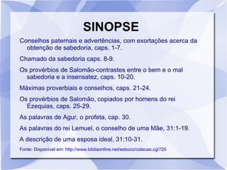 SINOPSE
Conselhos paternais e advertências, com exortações acerca da
  obtenção de sabedoria, caps. 1-7.
Chamado da sabedoria caps. 8-9.
Os provérbios de Salomão-contrastes entre o bem e o mal
  sabedoria e a insensatez, caps. 10-20.
Máximas proverbiais e conselhos, caps. 21-24.
Os provérbios de Salomão, copiados por homens do rei
  Ezequias, caps. 25-29.
As palavras de Agur, o profeta, cap. 30.
As palavras do rei Lemuel, o conselho de uma Mãe, 31:1-19.
A descrição de uma esposa ideal, 31:10-31.
Fonte: Disponível em: http://www.bibliaonline.net/esboco/colecao.cgi?20
 