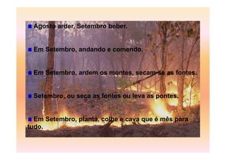 Agosto arder, Setembro beber.


 Em Setembro, andando e comendo.


 Em Setembro, ardem os montes, secam-se as fontes.


 Setembro, ou seca as fontes ou leva as pontes.


  Em Setembro, planta, colhe e cava que é mês para
tudo.
 