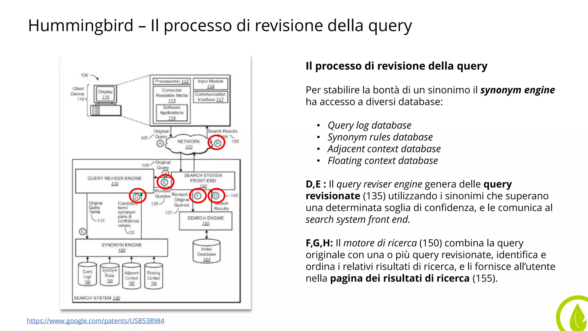 Hummingbird – Il processo di revisione della query
Il processo di revisione della query
Per stabilire la bontà di un sinonimo il synonym engine
ha accesso a diversi database:
• Query log database
• Synonym rules database
• Adjacent context database
• Floating context database
D,E : Il query reviser engine genera delle query
revisionate (135) utilizzando i sinonimi che superano
una determinata soglia di confidenza, e le comunica al
search system front end.
F,G,H: Il motore di ricerca (150) combina la query
originale con una o più query revisionate, identifica e
ordina i relativi risultati di ricerca, e li fornisce all’utente
nella pagina dei risultati di ricerca (155).
https://www.google.com/patents/US8538984
 