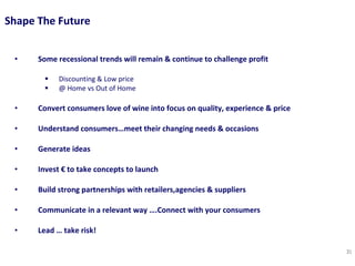 Shape The Future  Some recessional trends will remain & continue to challenge profit Discounting & Low price @ Home vs Out of Home Convert consumers love of wine into focus on quality, experience & price Understand consumers…meet their changing needs & occasions  Generate ideas  Invest € to take concepts to launch  Build strong partnerships with retailers,agencies & suppliers  Communicate in a relevant way ….Connect with your consumers  Lead … take risk! 