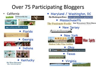 Over 75 Participating Bloggers California Florida Georgia Maryland / Washington, DC Indiana Ohio New York Kentucky New Jersey Massachusetts  Texas Virginia 