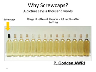 Why Screwcaps? A picture says a thousand words Screwcap Range of different Closures - 28 months after bottling P. Godden AWRI 