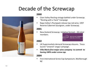 Decade of the Screwcap 2000 Clare Valley Riesling vintage bottled under Screwcap.  “Riesling with a Twist” Campaign Napa Valley’s Plumpjack release top red wine, 1997 Reserve Cabernet Sauvignon, under Screwcap.  2001 New Zealand Screwcap  Initiative formed – 28 initial members. 2002  UK Supermarkets demand Screwcap closures.  Tesco launch “Unwind’ range/ campaign. Villa Maria first major wine company  to commit  to having 100% under screw cap.   2004 First international Screw Cap Symposium, Marlborough NZ 