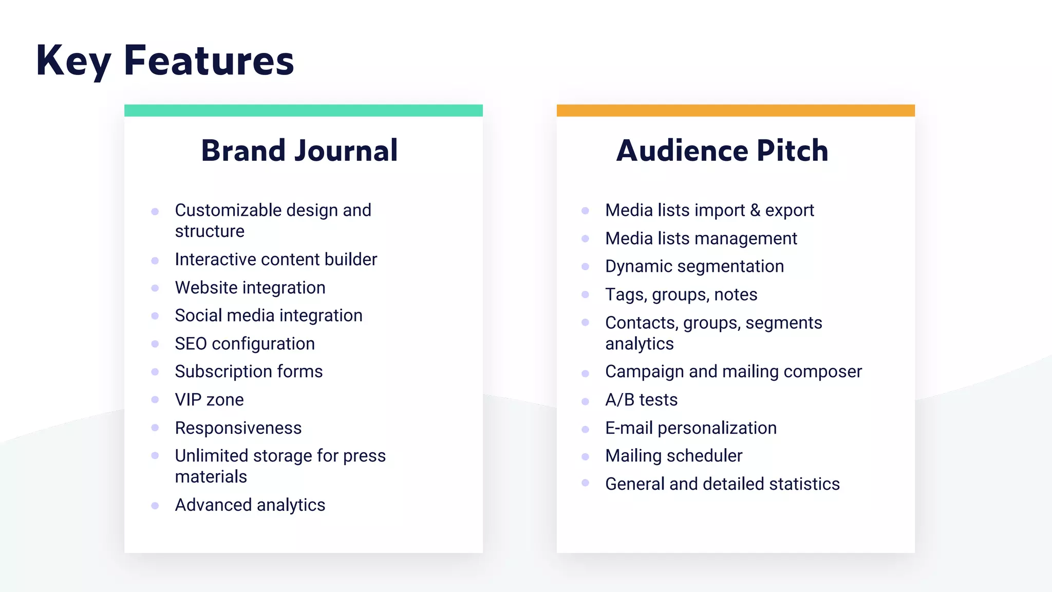 Key Features
Brand Journal
Customizable design and
structure
Interactive content builder
Website integration
Social media integration
SEO configuration
Subscription forms
VIP zone
Responsiveness
Unlimited storage for press
materials
Advanced analytics
Audience Pitch
Media lists import & export
Media lists management
Dynamic segmentation
Tags, groups, notes
Contacts, groups, segments
analytics
Campaign and mailing composer
A/B tests
E-mail personalization
Mailing scheduler
General and detailed statistics
 